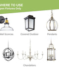 Image showing fixture options for Dimmable LED Candelabra Bulbs E12 CA10 Flame Tip 2700K Warm White 300LM 12 Pack, including wall sconces and chandeliers.