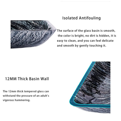 USZWBY Bathroom Vessel Sink, Tempered Glass Artistic Vessel Bowl Sink with smooth surface and 12MM thick basin wall detail.