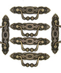 Six Pack Vintage Antique Brass Bail Pulls For Drawers Cabinets Dressers Cupboards Set Featuring 4.1 Inch Length And 1.5 Inch Height Inter Hole Spacing 3.5 Inches Made From Zinc Alloy With Distressed Finish Retro Rustic Hardware arranged on white background