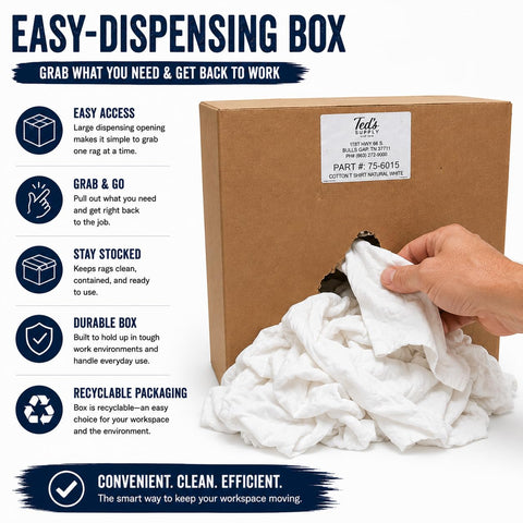 Hand pulling rag from 10 lb box of White T Shirt Rags 10 Lb Bulk Box Recycled Knit Cotton Blend Shop Rags for Automotive Maintenance.