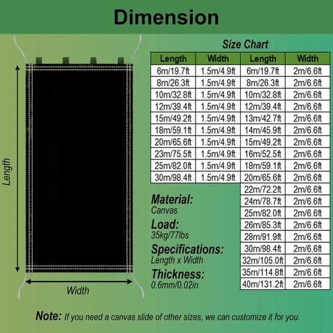 Heavy Duty Cargo Loading Canvas Chute 23 By 1.5 Meter Tarpaulin Slide dimensions and material details chart