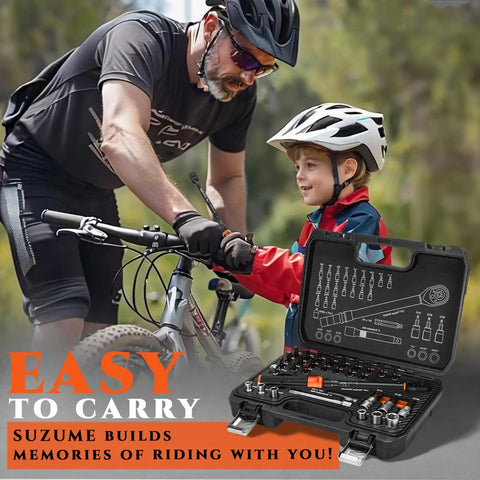 Man and child in helmets with Pro Grade Quarter Inch Bike Torque Wrench Set With Reversible 72 Tooth Ratchet And Dual Scales