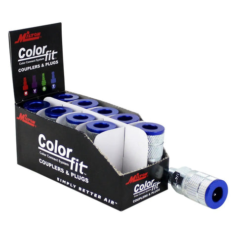 Blue T-Style Pneumatic Couplers One Quarter Inch NPT Male Box Of 10 No Fuss Quick Connects Color Coded For Air Lines