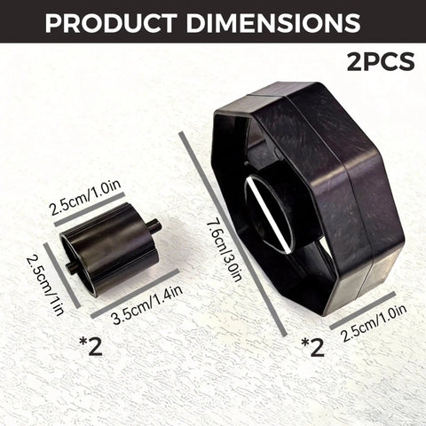 Snag This Fresh 2-Pack Of 36Mm Plastic Tape Dispenser Core Replacement Spinner Wheels Solid Reel Inserts dimensions on a table.