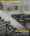 Cross Line Laser Level With Rechargeable 2200 mAh Battery Type C Charging 100 Feet Green Beam Self Leveling Vertical And Horizontal Lines 360 Degree Magnetic Pivot Base Pulse Mode For DIY Pros on tripod showing self-leveling and manual modes