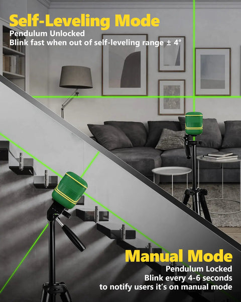 Cross Line Laser Level With Rechargeable 2200 mAh Battery Type C Charging 100 Feet Green Beam Self Leveling Vertical And Horizontal Lines 360 Degree Magnetic Pivot Base Pulse Mode For DIY Pros on tripod showing self-leveling and manual modes