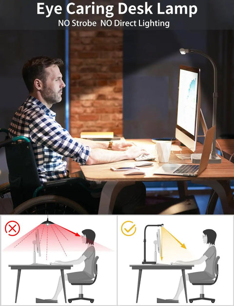 LED Desk Lamp For Home Office Ultra Wide Double Head 24W With Base Adjustable Gooseneck Architect Light shown in use at a desk