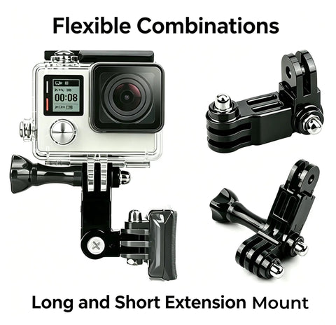 3 Way Adjustable Action Camera Pivot Arm Kit With Long And Short Extensions, Same And Vertical Direction Joints, Polycarbonate Mounts, Includes Four Long And Short Pivot Arms And Four Thumbscrews For Flex Shot Angles., action camera mount shown with long and short pivot arms