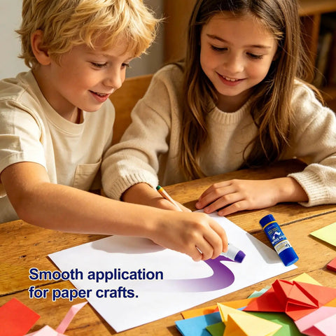 Children using 12 Count 6g Glue Sticks, Purple Goes On Then Dries Clear, All Purpose Adhesive for crafts on a desk