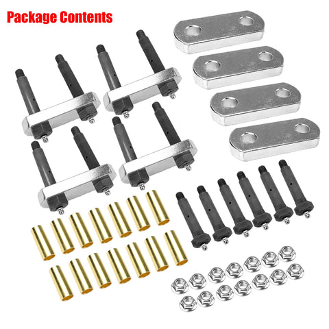 Package contents of Beefed Up Heavy Duty Trailer Shackle Upgrade Kit For CRE3000 Stock And Equaflex 2.25 Inch Shackles On Tandem Axle Truck And Trailer Suspension System