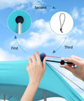 Setting up Beach Canopy Tent 11 By 11 Ft With 6 Sandbags, 4 stability poles, clear sky background, detailed instructions shown