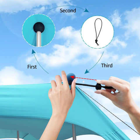 Setting up Beach Canopy Tent 11 By 11 Ft With 6 Sandbags, 4 stability poles, clear sky background, detailed instructions shown