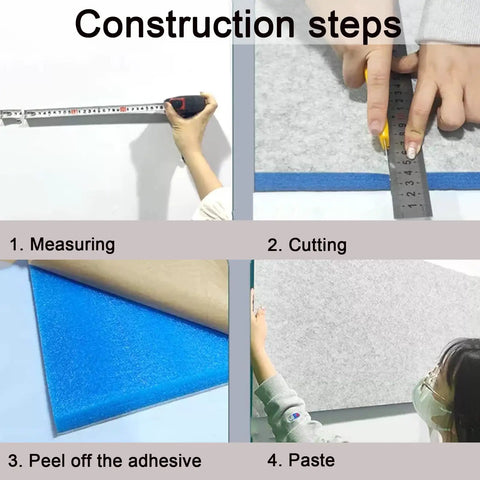 Construction steps for Solid Build High Density Acoustic Foam Panels Wall Sound Proof Pads with measuring, cutting, and pasting.