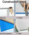 Construction steps of Top Shelf Acoustic Foam Panels Fabric Wrapped Soundproof Wall Tiles with measuring, cutting, peeling, and pasting process.