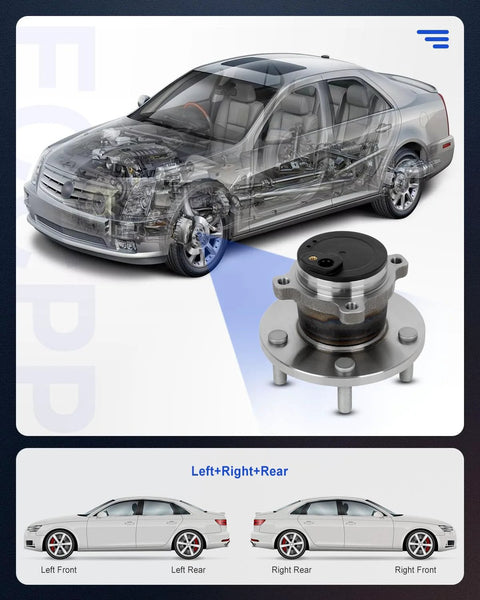 Rear Wheel Hub And Bearing Assembly For Kia Forte 2010 2013 Forte Koup 5 Lug With ABS Direct Fit OE Quality Plug And Play 2 Piece Set Drop In Replacement, shown with car illustration.