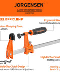 Two orange Jorgensen steel bar clamps with ergonomic handles, 24-inch opening, 600 lb clamping force.