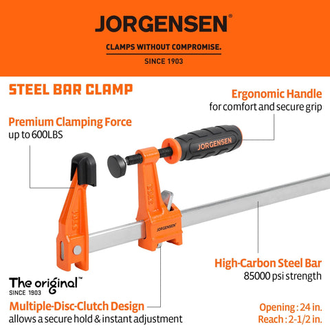 Two orange Jorgensen steel bar clamps with ergonomic handles, 24-inch opening, 600 lb clamping force.