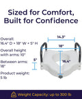 Diagram of 2-In-1 Raised Toilet Seat With No-Slip Removable Padded Arms, 5-Inch Height Increase, Secure Locking Attachment, shown with dimensions.