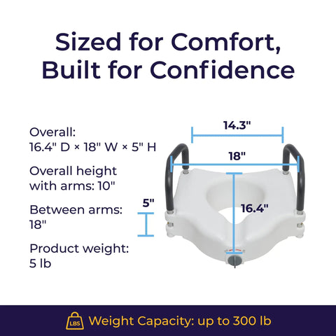 Diagram of 2-In-1 Raised Toilet Seat With No-Slip Removable Padded Arms, 5-Inch Height Increase, Secure Locking Attachment, shown with dimensions.