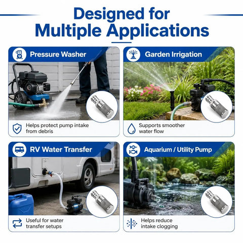 Multiple applications of Stainless Steel Water Pump Filter Hose End Strainer Barbed Inline Mesh Screen 10mm Three Quarter Inch Assorted Sizes for Pressure Washer Garden RV Debris Prevention 1 Piece