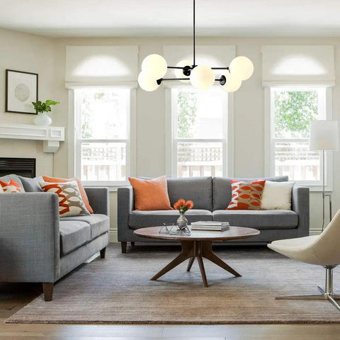 Six Light Sputnik Chandelier In Matte Black With Globe Glass Shades, Dope Mid Century Modern Dining Room And Kitchen Island Lighting