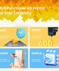 Infographic showcasing features of Kid Safe Mini 3D Printer with Enclosed Design, One Click Printing, WiFi and App Control for kids.
