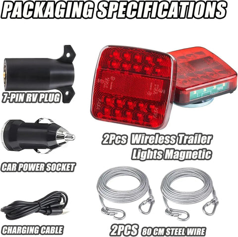 Magnetic Wireless Trailer Lights Kit With Rechargeable Battery, includes LED tow lights, 7-pin RV plug, and 80 cm steel wire