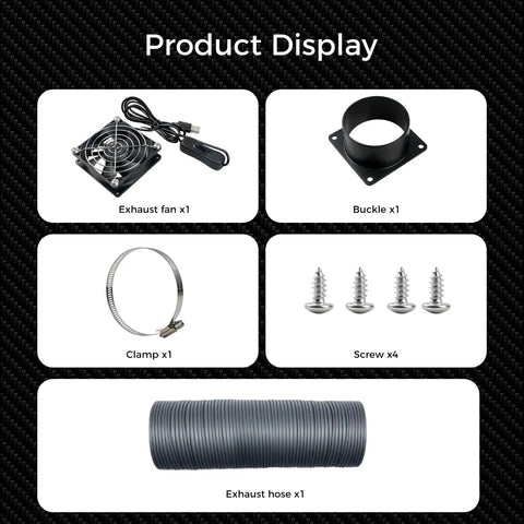 High Efficiency 4000 RPM Fume Extraction Kit For 3D Printer Enclosures components including exhaust fan, hose, and screws