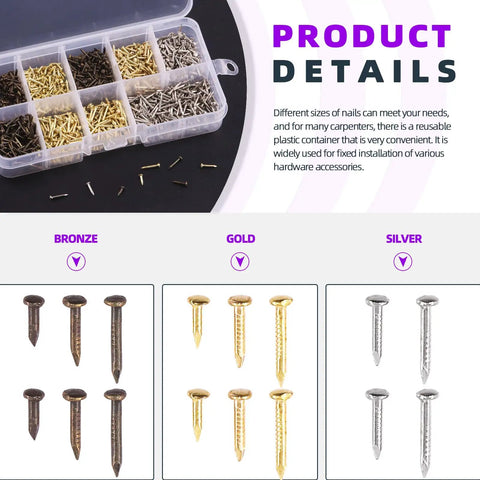 Top Tier 1600 Piece Mini Wood Screw And Nailing Assortment Kit With Premium Gold Silver Bronze Coatings In 6Mm 8Mm And 10Mm Lengths displaying divided nail sections.