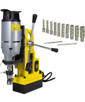 Pro Level Magnetic Drill Press Featuring Badass 2700 Lbs Clamping Power And Top Tier 2 Inch High Speed Steel Annular Cutter Kit with cutters.