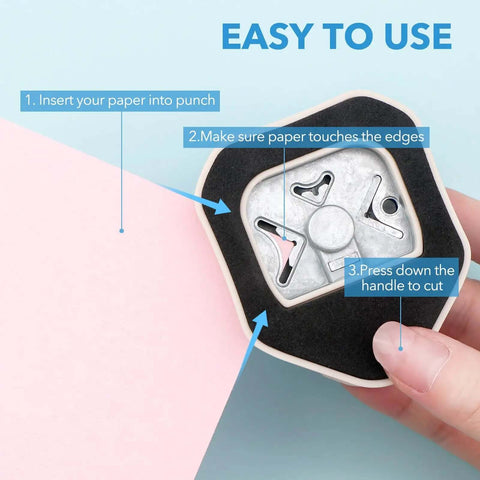 Close-up of the 3 In 1 Hangtag Punch Kit with Portable Hole Punch and Rounded Corner Cutter demonstrating usage instructions.