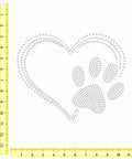 Crystal Clear Hotfix Rhinestone Iron On Transfer With 10ss Gems, Heart With Paw Print Design, ruler for size reference.
