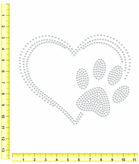 Crystal Clear Hotfix Rhinestone Iron On Transfer With 10ss Gems, Heart With Paw Print Design, ruler for size reference.
