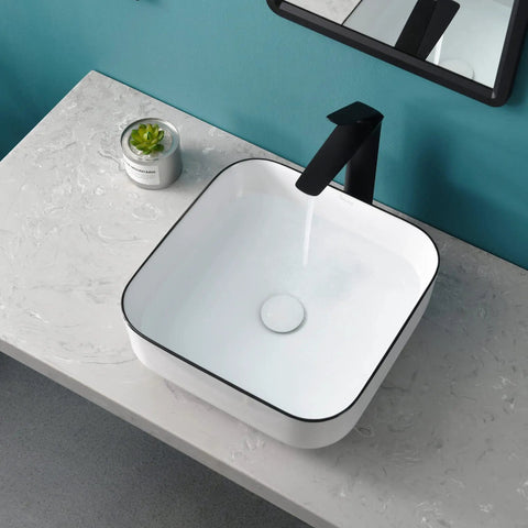White Square Vessel Sink With Black Trim 15-Inch Above Counter Sink Pop Up Drain Modern European Style Bathroom Vanity Bowl