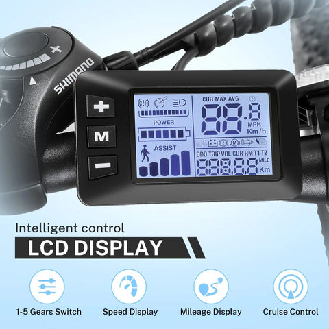 LCD display of 26 Inch Electric Mountain Bike for Adults With Peak 749W Motor, Trail Ready 19.8 Mph Ebike showing speed and gear info