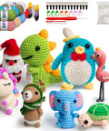 Colorful crochet animals with yarn and tools from 8 Piece Beginner Crochet Starter Kit With 40 Percent Extra Yarn For Cute Animal Crochet Kits.
