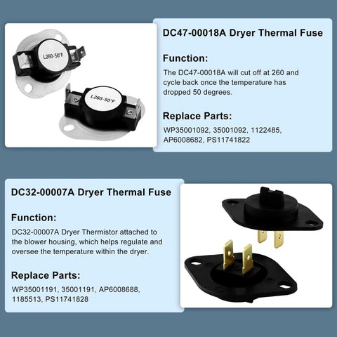 Dryer thermal fuse and thermistor from 3 Wire Dryer Heating Element Kit Replacement With Thermal Fuse And Thermostat For Samsung Dryers, Includes 240V 3700W Heating Wire, Easy Install High Limit Thermostat, Thermistor, And Two Thermal Fuses By TOMOON