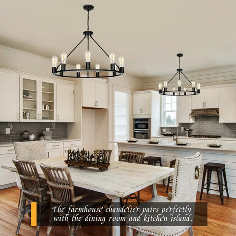 Black Wagon Wheel Chandelier Total Showstopper Lighting Fixtures Bring The Farmhouse Vibes To Your Dining Room Or Kitchen With This 9 Light Pendant over a rustic dining table.