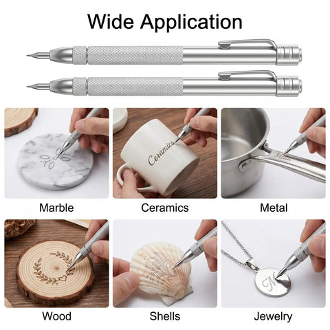 Heavy Duty Tungsten Carbide Scriber Kit With Two No Fuss Etching Pens And Twelve Spare Replacement Tips Boasting A Slick Magnetic Clip For Quick Sheet Metal Hard Steel Marking on various materials.