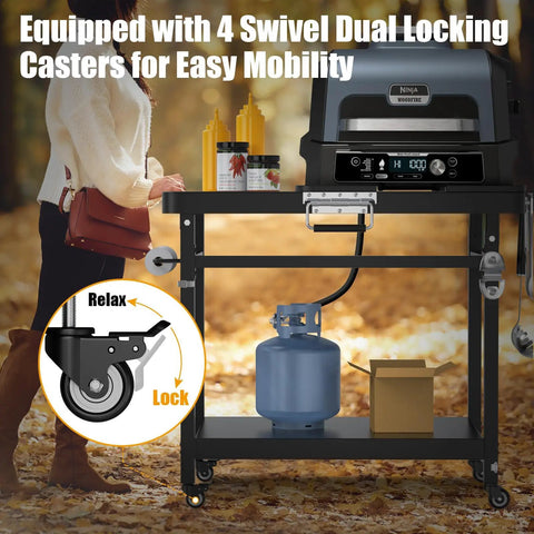 Grill Stand For Ninja Woodfire Outdoor Grills Portable Foldable Cart Table With Four Wheels And Cover Compatible With OG700 OG800 OG900 OO101 XSKUNSTAND And More Ideal For Smoker Pizza Oven Accessories with propane tank and accessories in outdoor scene.