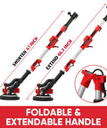 Drywall Sander With Vacuum Attachment 800W Power showing extendable handle from 41 to 66.3 inches in red with foldable design.