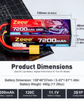 3S 7200mAh LiPo Battery 11.1V 120C Hard Case With XT90 Connector dimensions and specifications on graphic background