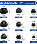 Sizes and quantities of 9 silicone plugs in the 150 Piece Flexible Rubber Hole Plugs Kit in 9 sizes for round holes.