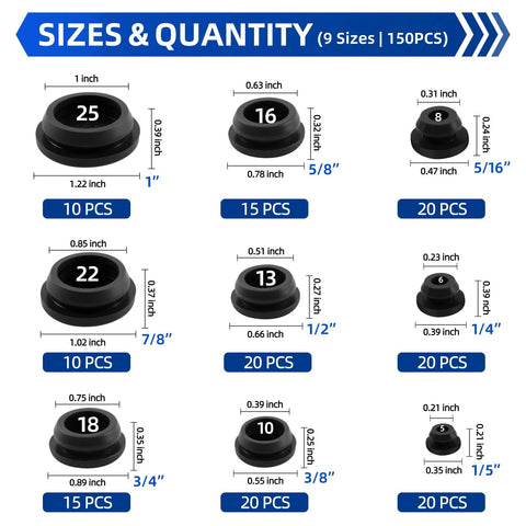 Sizes and quantities of 9 silicone plugs in the 150 Piece Flexible Rubber Hole Plugs Kit in 9 sizes for round holes.