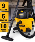 9 Gallon Wet And Dry Shop Vacuum With 5 Peak HP Motor, Heavy Duty Suction for garage and home cleanup, includes 10 ft cord, shown in workshop.