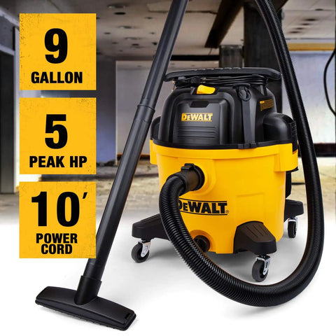 9 Gallon Wet And Dry Shop Vacuum With 5 Peak HP Motor, Heavy Duty Suction for garage and home cleanup, includes 10 ft cord, shown in workshop.