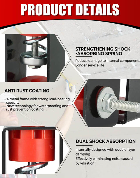 Close-up of durable ceiling vibration isolators showing steel construction, premium springs, silicone dampers for HVAC systems.