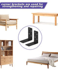 20 Pack Heavy Duty Steel L Brackets 3x3x1.5 Inch Black Powder Coated for furniture and timber reinforcement with examples of uses.