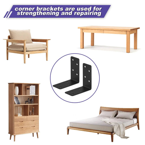 20 Pack Heavy Duty Steel L Brackets 3x3x1.5 Inch Black Powder Coated for furniture and timber reinforcement with examples of uses.