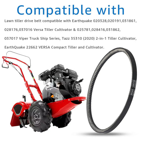 Drive Belt Replacement For Rear Tine Tiller Fits 12 X 728 4L Tooth HA Heavy Duty Belt beside red tiller